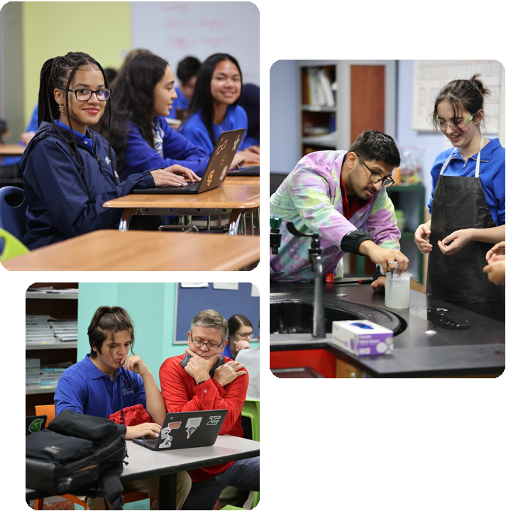 Students engaged in various activities in a science lab, showcasing teamwork and experimentation