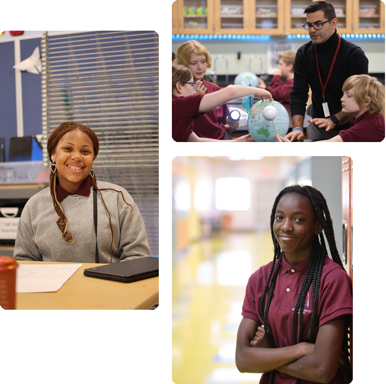 Students engaged in learning and interacting in a classroom collage